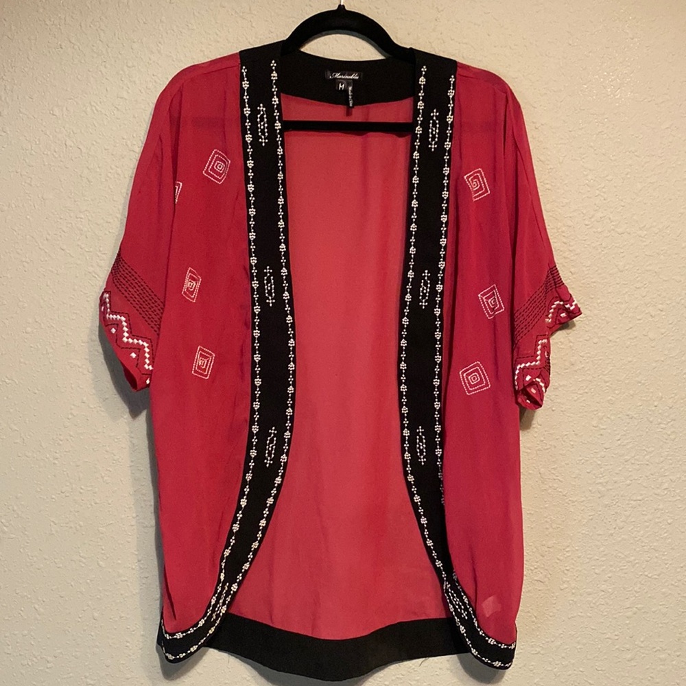 Embroidered sheer open front top